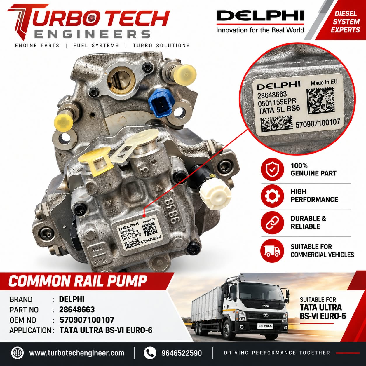 Delphi TVS Common Rail Pump 28648663 – Tata Ultra 5L BS6