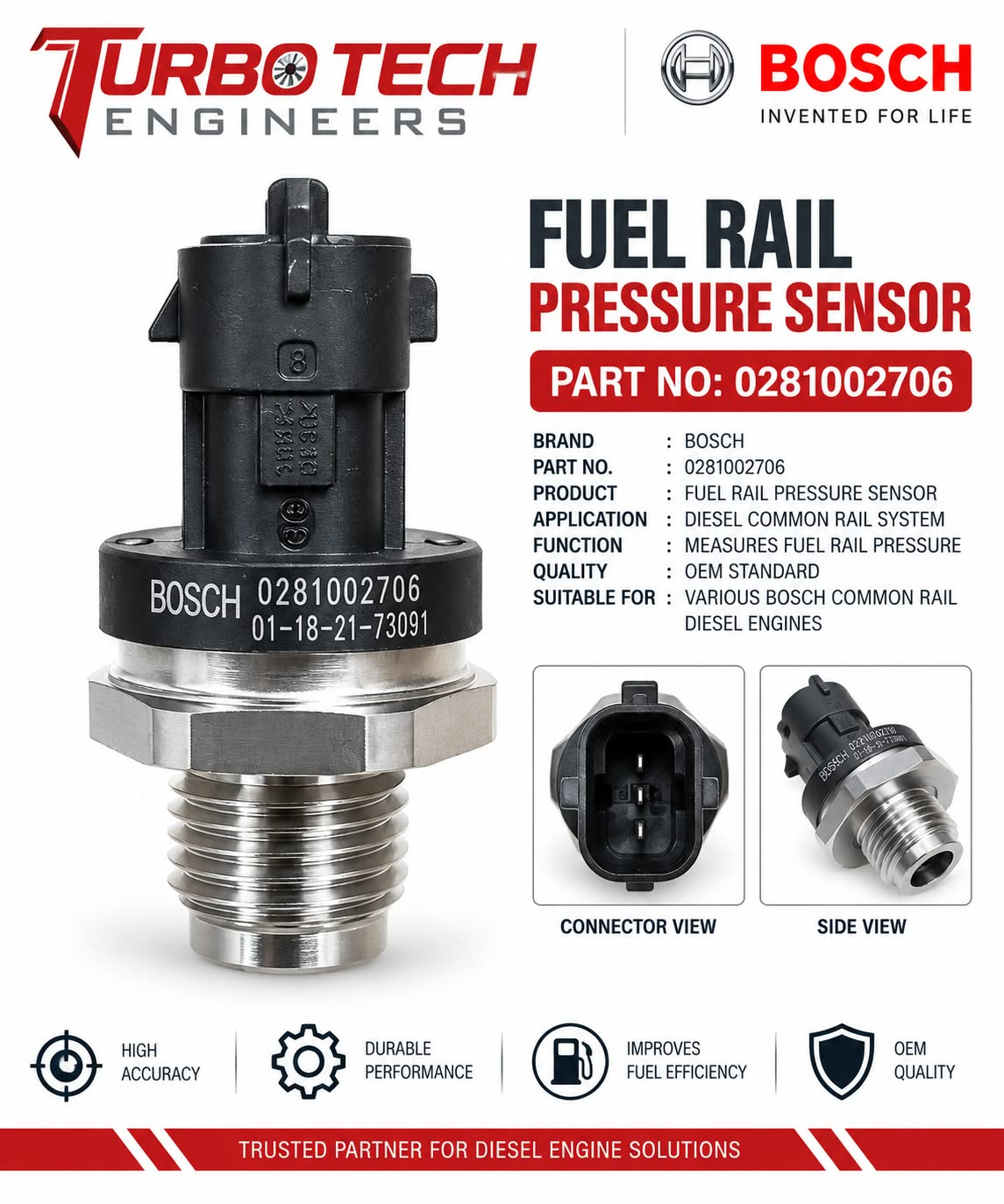 Bosch Fuel Rail Pressure Sensor 0281002706
