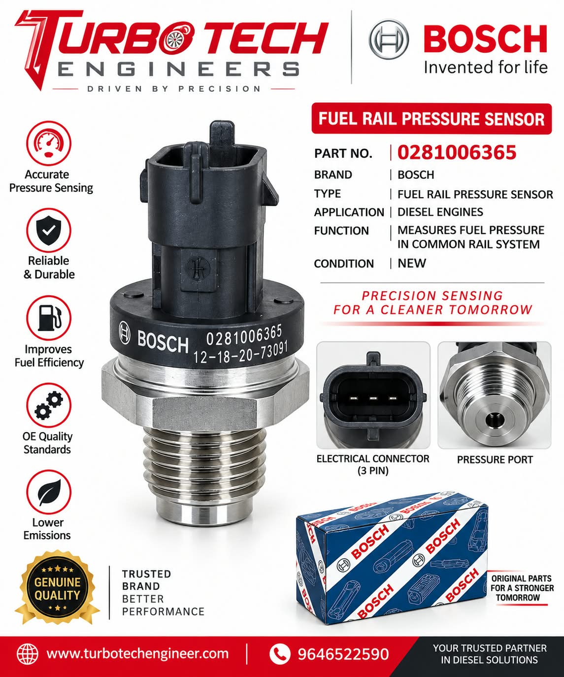 Bosch Fuel Rail Pressure Sensor 0281006365