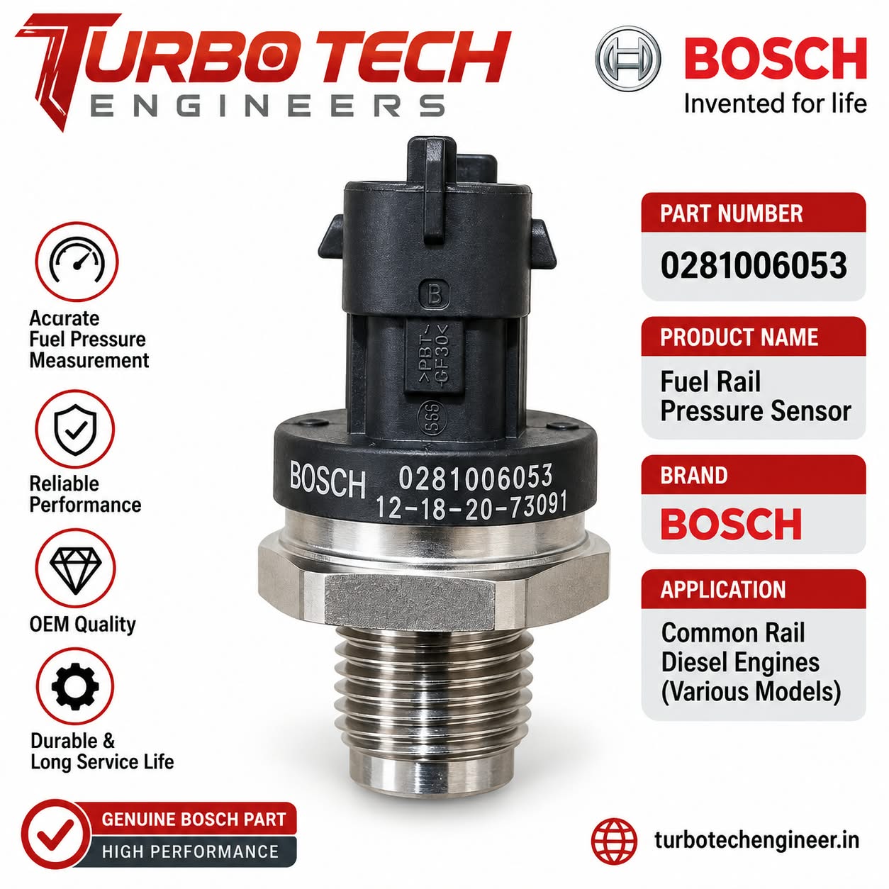Bosch Fuel Rail Pressure Sensor 0281006053