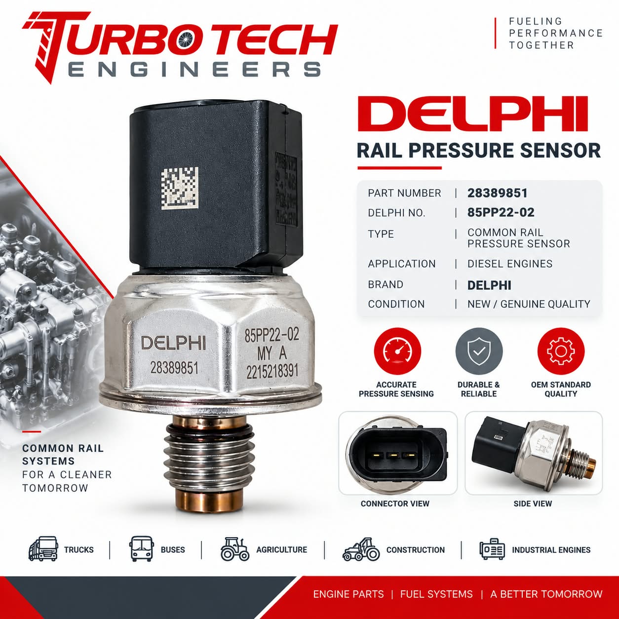 Delphi TVS Rail Pressure Sensor 28389851 – 85PP22-02