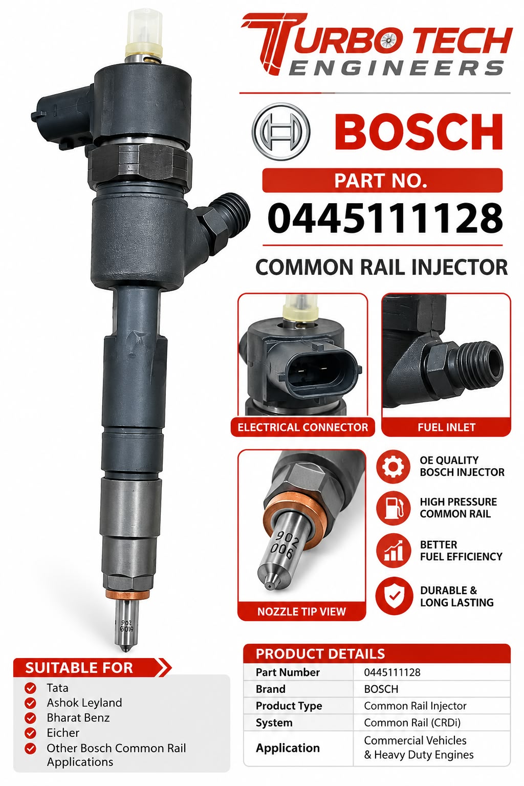 Bosch Common Rail Fuel Injector 0445111128 – Isuzu D-Max Euro 6