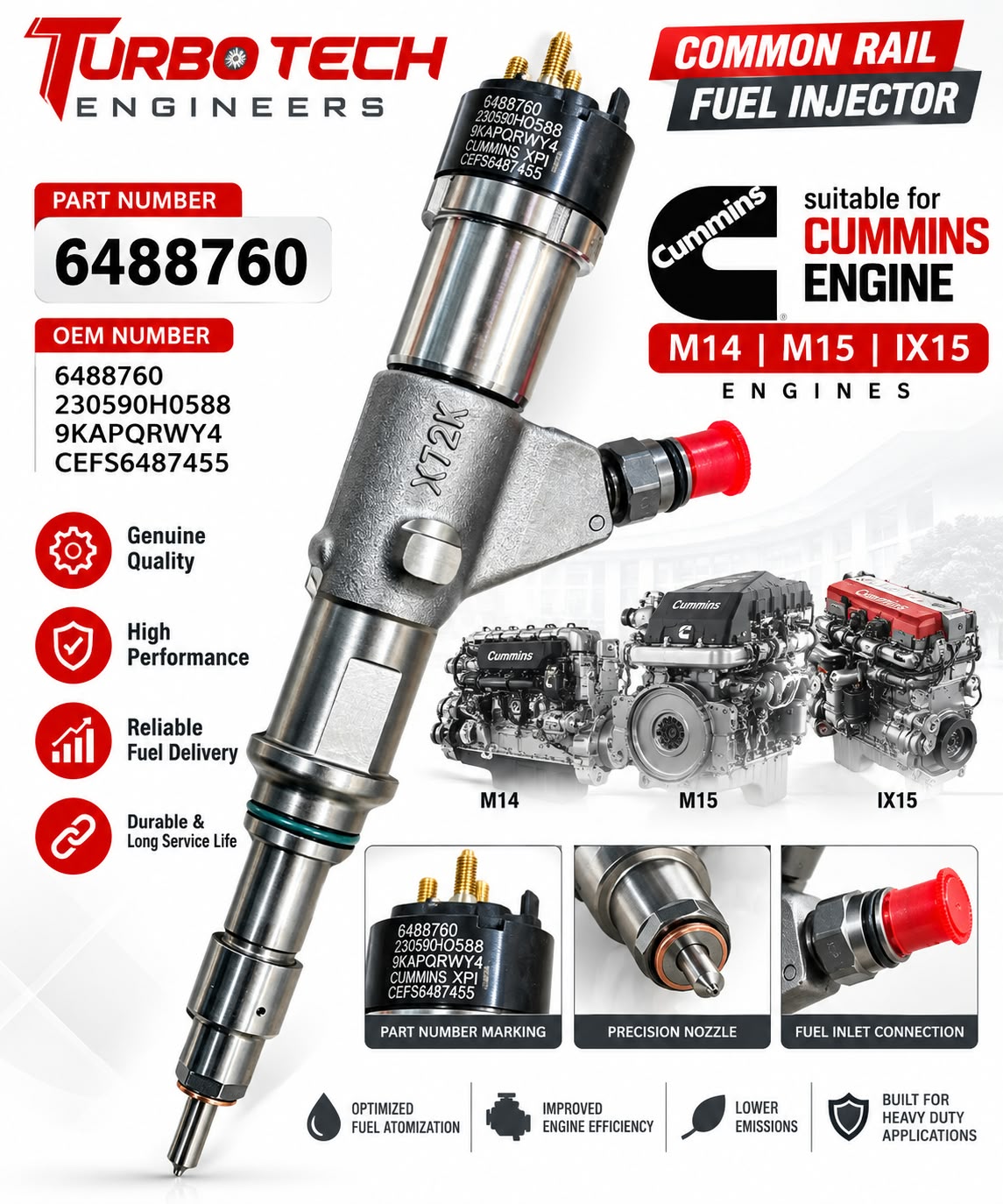 Cummins Common Rail Fuel Injector 6488760 – M14 / M15 / IX15