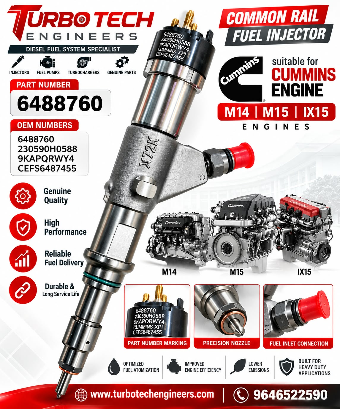 Cummins Common Rail Fuel Injector 6488760 – M14 / M15 / IX15