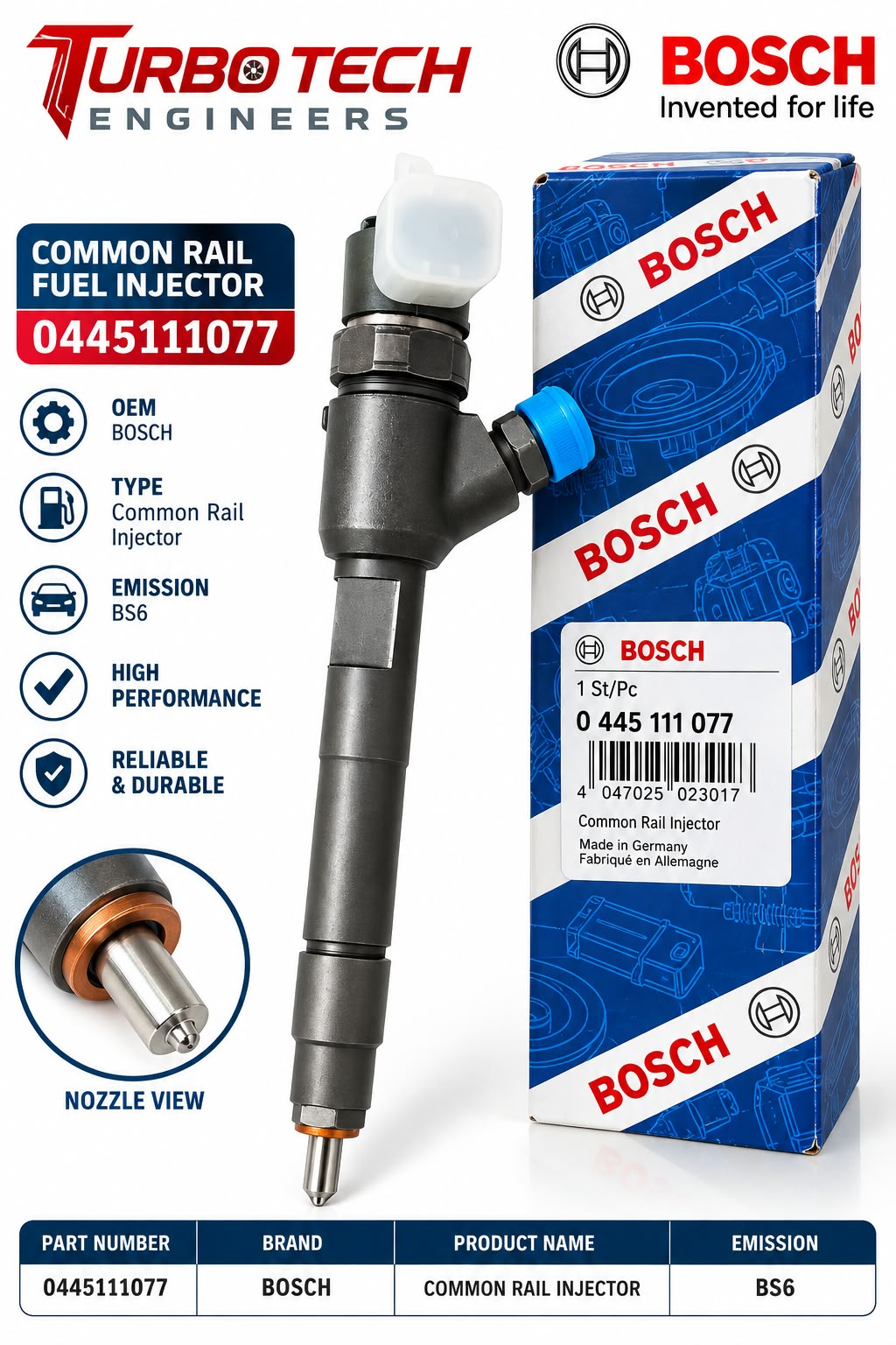Bosch Common Rail Fuel Injector 0445111077 – Tata Intra BS6