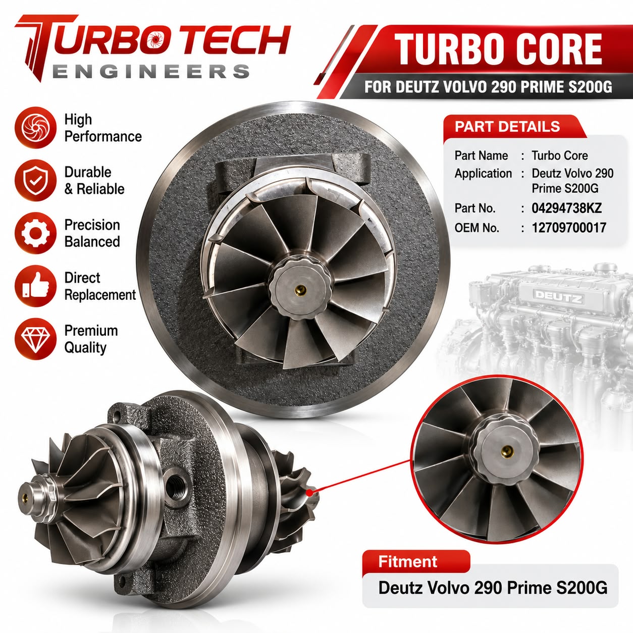 Turbocharger Core Assembly (CHRA) 04294738KZ – Deutz / Volvo S200G
