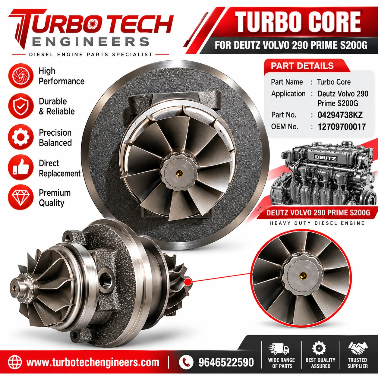 Turbocharger Core Assembly (CHRA) 04294738KZ – Deutz / Volvo S200G