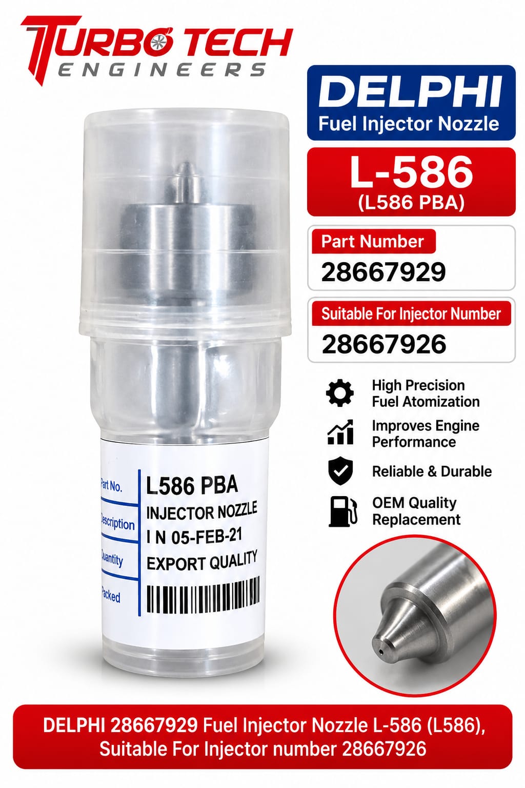 Delphi Common Rail Injector Nozzle L-586 PBA – 28667929